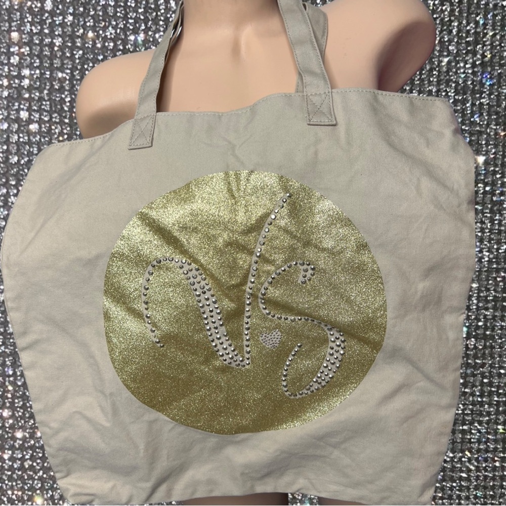 Victoria secret tote bag beige sparkly rhinestone gold bling diamonds purse VS